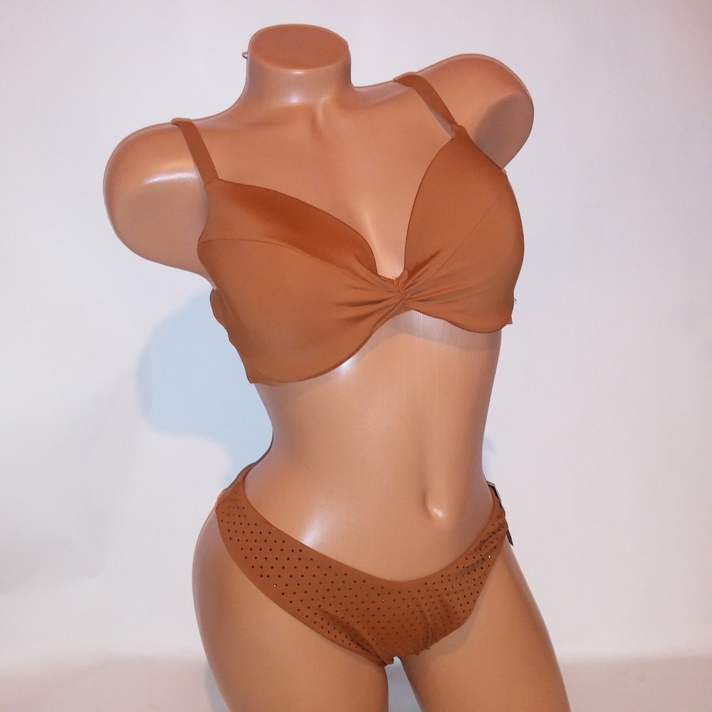 Victoria Secret Swim Bikini 36D Top Medium Bottom Ginger Solid Bling Lined New
